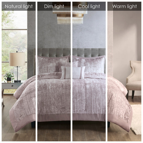 English Elm 5 Piece Crinkle Velvet Comforter Set King/Cal King Luxe Glam Crushed Pleat Charmeuse Trim, Hypoallergenic Filling Blush 19.29 L x 23.62 W x 12.2 H B035P148352