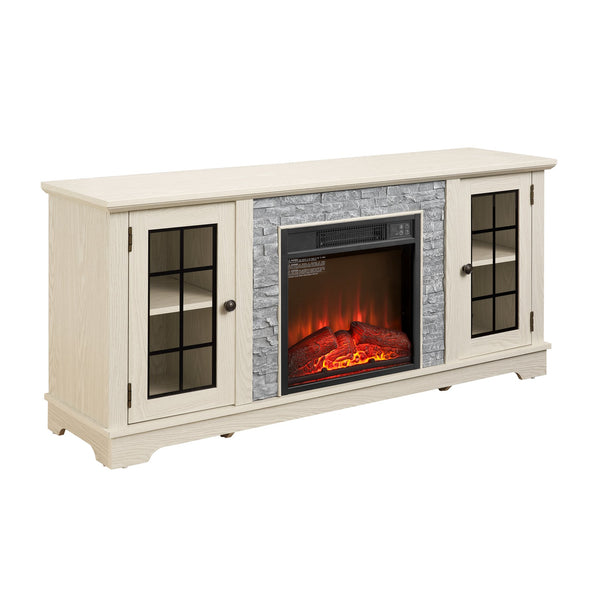 English Elm 58" Modern TV Stand with 18" Electric Fireplace, Faux Stone Mantel, Ample Storage & Cable Management for Living Room Comfort and Style White W2275S00025