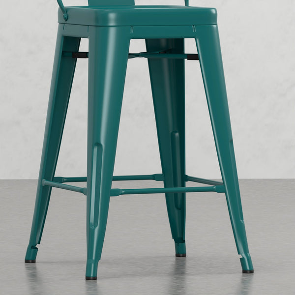 English Elm Keeley 24in Metal and Solid Elm Wood Counter Stools Set of 4 — Curved Backs, Footrests, Durable Finish Teal Blue B2732P253608