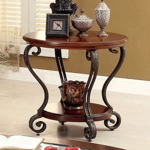 English Elm Traditional Ornate Brown Cherry End Table with Scroll Metal Legs, Open Shelf, 28"L x 28"W x 26.5"H, Classic Accent Piece B011P184987