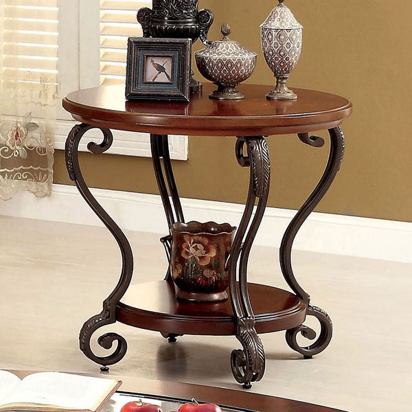 English Elm Traditional Ornate Brown Cherry End Table with Scroll Metal Legs, Open Shelf, 28"L x 28"W x 26.5"H, Classic Accent Piece B011P184987