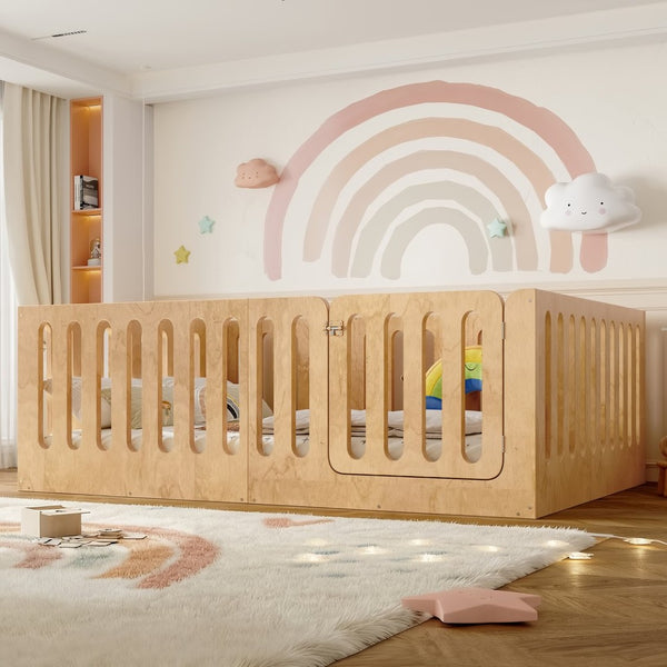 English Elm Twin Solid Pine Montessori Floor Bed with House Frame Door and Safety Fence Natural W5305P420636