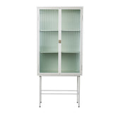 English Elm White Tall Freestanding Display Cupboard Stylish Fluted Glass Storage Cabinet With Glass Doors Three Detachable Shelves Bottom Space For Office Dining Room Living Room Bedside (Old Sku:W68743735)