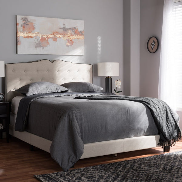 Baxton Studio Baxton Vivienne King Size Bed – Elegant Light Beige Upholstered Design with Curved Headboard & Comfort CF8747-P-Light Beige-King