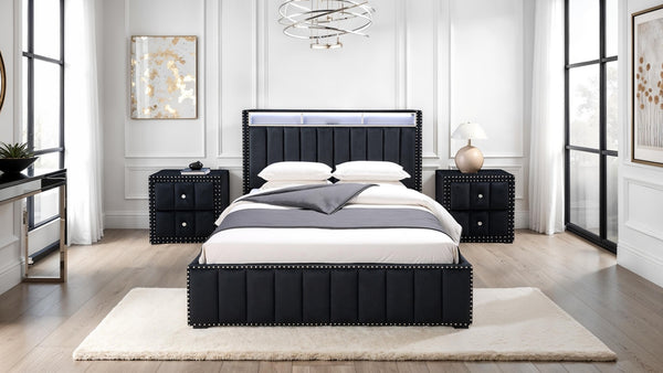 English Elm Contemporary Queen Bedroom Set Channel Tufted Upholstered Bed with Led Headboard Nightstands Black B2741S00773