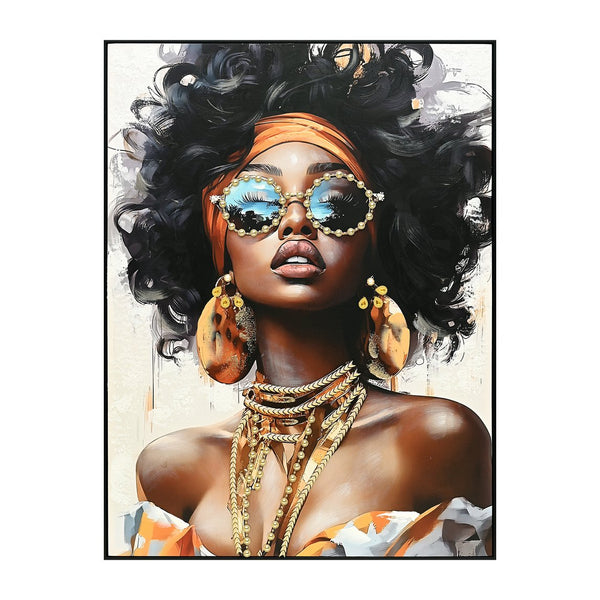 English Elm African African American Woman Canvas Wall Art Curly Hair Sunglasses Orange Headwrap Earrings Chic Afrocentric Decor for Living Room Bedroom Office W3374P322229