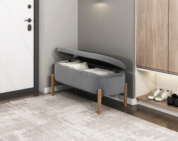 English Elm Storage Bench Corduroy Upholstered Lift Top Seat with Wood Legs Mid Century Bedroom Gray B011P298249