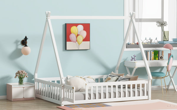 English Elm Full Size Tent-Shaped Floor Bed In White - Rubberwood Frame With Guardrails, Slats & Cozy Door W504P345787