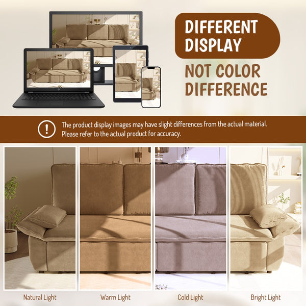English Elm 94.5" King Convertible Sleeper Sofa Corduroy Upholstered Chaise Lounge Guest Room Bed Camel W1885S00309