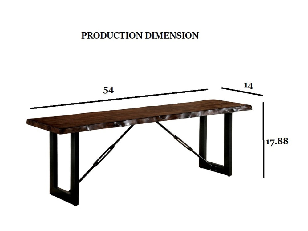 English Elm 1pc Industrial Bench with Live Edge Walnut Seat, U-Shape Metal Base & Chain-Link Accent, Rustic Modern Dining B2741P366064