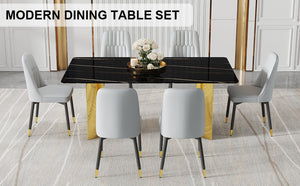 English Elm Table With Glass Top & Faux Marble, 6 Light Gray Chairs With Pu Cushions, Gold & Black Legs Set W1151S04334-GIGA