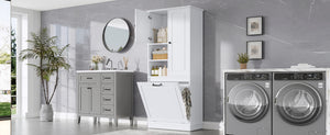 English Elm Tall Storage Cabinet with Flip-Out Basket, Adjustable Shelves & Aluminum Handles for Organized Living White N725P322739K