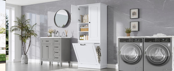 English Elm Tall Storage Cabinet with Flip-Out Basket, Adjustable Shelves & Aluminum Handles for Organized Living White N725P322739K