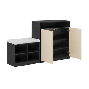 English Elm U_style Entryway Console Set with Wavy Doors Cushioned Bench and Adjustable Shoe Storage N711P345166B