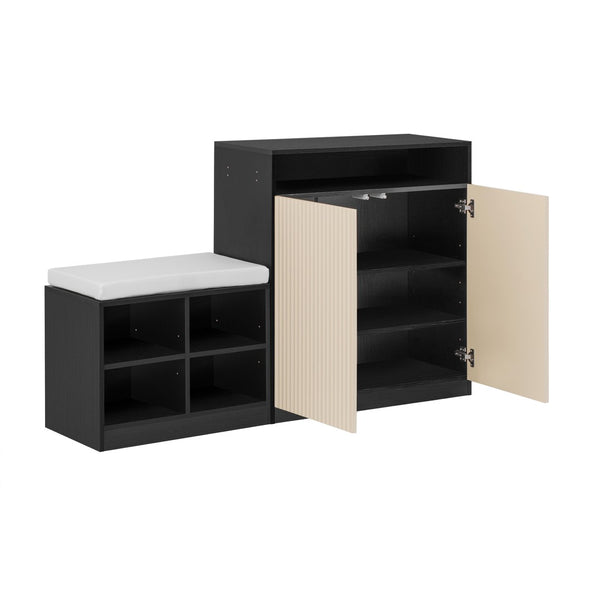 English Elm U_style Entryway Console Set with Wavy Doors Cushioned Bench and Adjustable Shoe Storage N711P345166B