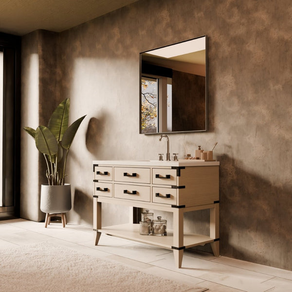 English Elm White Oak Single Bath Vanity 48" W X 22" D - Elegant White Quartz Top, Ample Storage & Soft-Close Drawers B2731P260240-GIGA