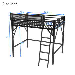 English Elm Full Size Loft Bed with Ladder & Built-In Shelves, Sturdy Metal High Loft for Kids Teens Black W2580P316646