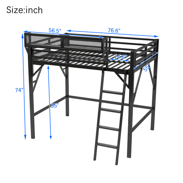 English Elm Full Size Loft Bed with Ladder & Built-In Shelves, Sturdy Metal High Loft for Kids Teens Black W2580P316646