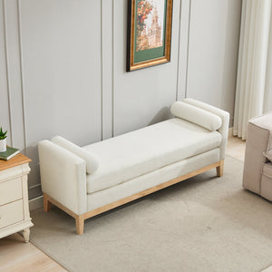 English Elm 66.34"W Elegant Upholstered Bench With Natural Wood Legs & 2 Bolster Pillows For Stylish Seating W3188S00018