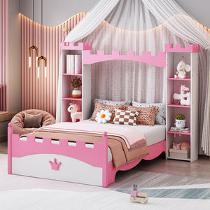 English Elm Castle-Shaped Twin Bed with Crown Footboard and Built-In Shelves, Sturdy MDF/Pine Frame for Kids White+Pink 82 L x 14.25 W x 6.75 H N733S177379K