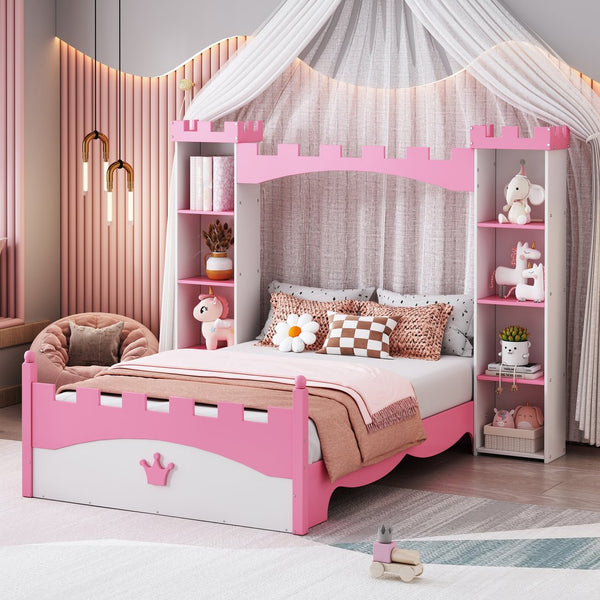 English Elm Castle-Shaped Twin Bed with Crown Footboard and Built-In Shelves, Sturdy MDF/Pine Frame for Kids White+Pink 82 L x 14.25 W x 6.75 H N733S177379K