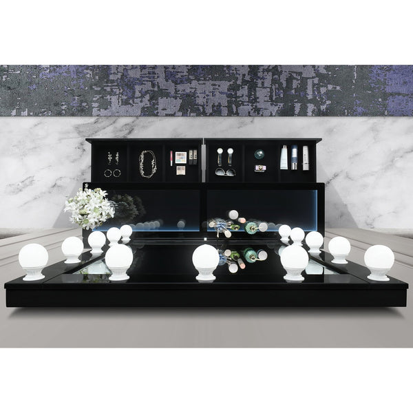 English Elm ELISA LED Vanity Set with Stool, Solid Wood & Glass Top, Built-In Speakers and Spacious Storage Black 30.75 L x 19.69 W x 28.86 H B201S00355