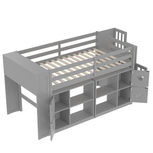 English Elm Twin Kids Low Loft Bed with Stair Drawers Built-in Led Shelving and Bear Handles W697S00040
