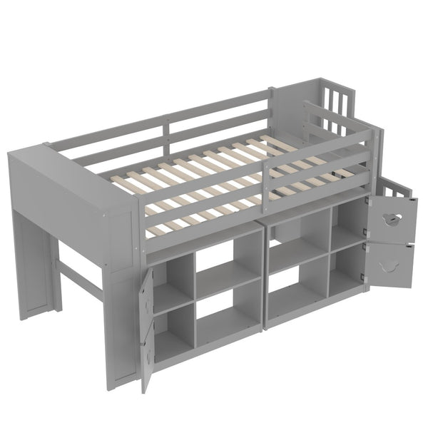 English Elm Twin Kids Low Loft Bed with Stair Drawers Built-in Led Shelving and Bear Handles W697S00040