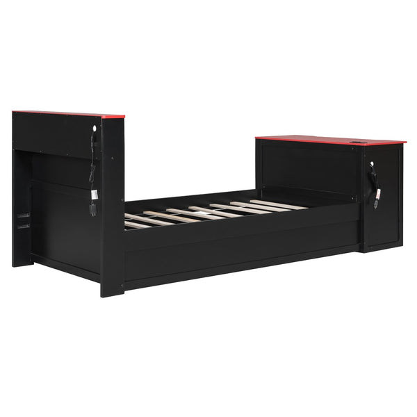 English Elm Twin Wood Gaming Daybed with Trundle Built-in Desk Rgb Lighting and Usb Port Black+Red LT000283AAR