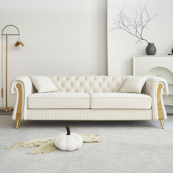 English Elm 89''W Chesterfield Modern Tufted Velvet Sofa with Pocket Springs, Gold Trim & Removable Cushions Beige W579S00037
