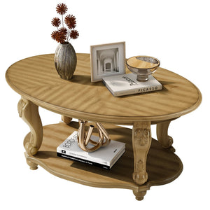 English Elm 42'' Oval Two-tier Wood Cocktail Table with Carved Floral Detail and Open Shelf W1202P318405