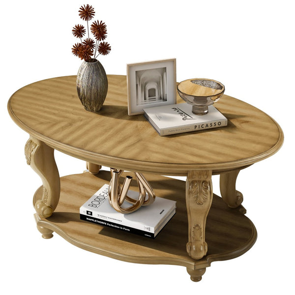 English Elm 42'' Oval Two-tier Wood Cocktail Table with Carved Floral Detail and Open Shelf W1202P318405