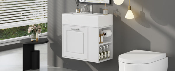 English Elm Christopher Knight Home® - 21.8" Wall-Mounted Bathroom Vanity with Ceramic Sink, Soft-Close Drawer, Adjustable Shelves & Tissue Holder White N759P292550K