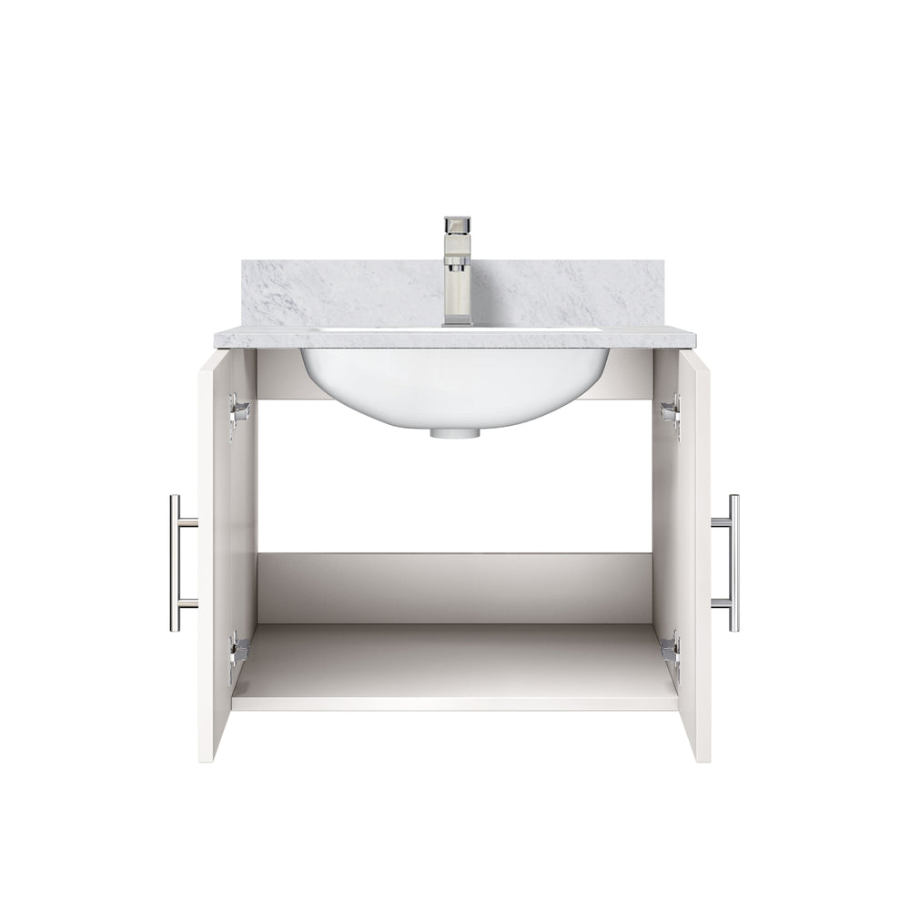 English Elm Glossy White Bath Vanity With Carrara Marble Countertop & Faucet Set - Modern, Compact Design For Elegance B2731P258568