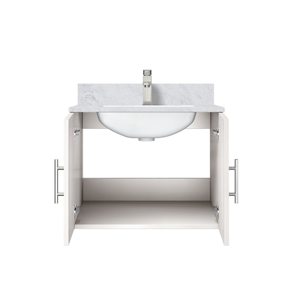 English Elm Glossy White Bath Vanity With Carrara Marble Countertop & Faucet Set - Modern, Compact Design For Elegance B2731P258568