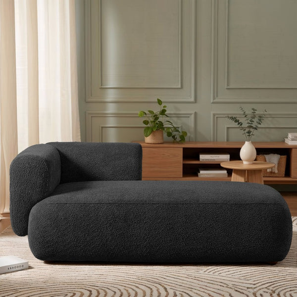 English Elm Upholstered Boucle Chaise Lounge with Wooden Legs for Bedroom or Living Room W5515P437363