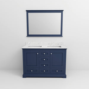 English Elm Navy Double Bath Vanity 48" W x 22" D with Carrara Marble Top, Soft-Close Drawers & 46" Mirror, Spacious Storage B2731S00644
