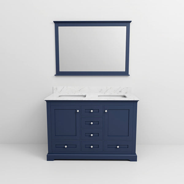 English Elm Navy Double Bath Vanity 48" W x 22" D with Carrara Marble Top, Soft-Close Drawers & 46" Mirror, Spacious Storage B2731S00644