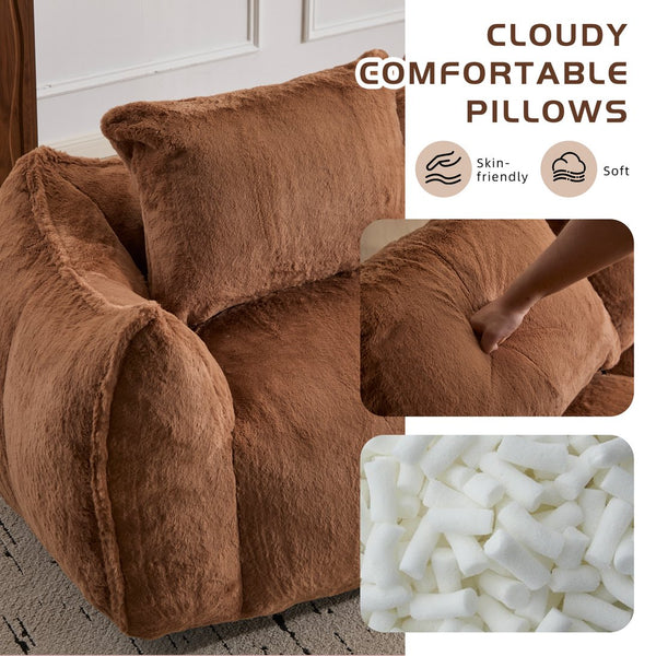 English Elm Giant Ultra Soft Fluffy Loveseat Bean Bag Sofa for Adults, Oversized Shredded Foam Couch with Pillows Brown W3723P353895