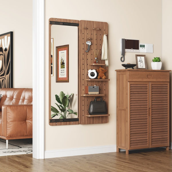 English Elm 47.6 Inch Sliding Full Length Mirror with Hidden Rubber Wood Storage Panel for Bedroom W2987P289181