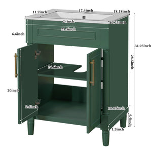 English Elm 24" Bathroom Vanity with Integrated Ceramic Sink and Adjustable Shelf, Vintage Hardware, Space-Saving Design Green N710P277711F