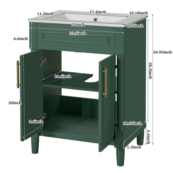 English Elm 24" Bathroom Vanity with Integrated Ceramic Sink and Adjustable Shelf, Vintage Hardware, Space-Saving Design Green N710P277711F