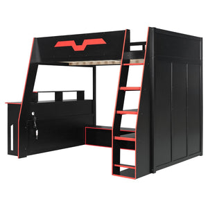 English Elm Full Size Wood Loft Bed with Rgb Lighting Desk and Multi-tier Shelves for Gaming Red LT000374AAR