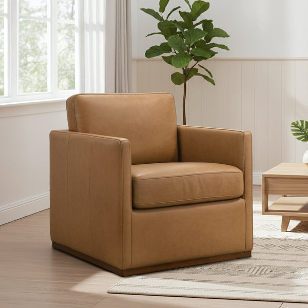 English Elm Darien Genuine Leather Swivel Lounge Chair with Tailored Stitching for Modern Interiors B183P423290