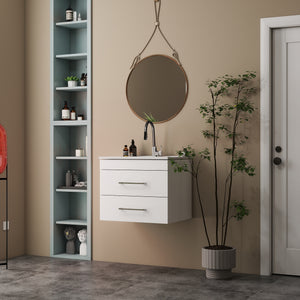 English Elm 24-Inch White Gloss Wall-Mounted Bathroom Vanity With Soft-Close Drawers & Sleek Ceramic Sink W3151S00016
