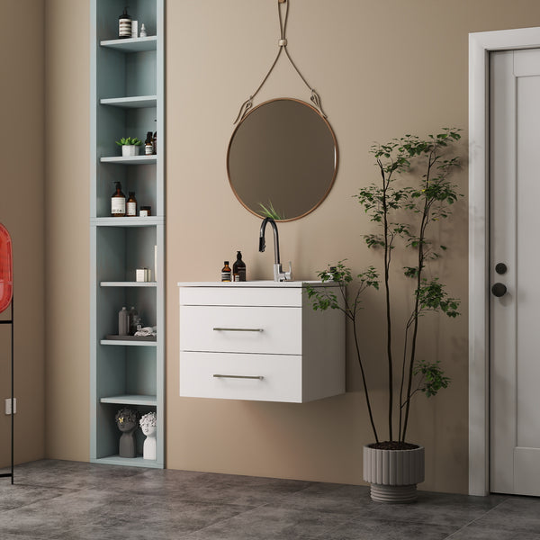 English Elm 24-Inch White Gloss Wall-Mounted Bathroom Vanity With Soft-Close Drawers & Sleek Ceramic Sink W3151S00016