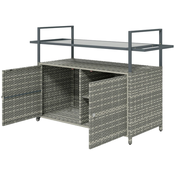 English Elm Outsunny Pe Rattan Outdoor Bar Cart with Glass Top Cabinet and Rolling Wheels W2225P485562