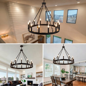 English Elm 12-light Wagon Wheel Chandelier Black Iron Rustic Farmhouse Fixture for Dining Rooms W2991P406726