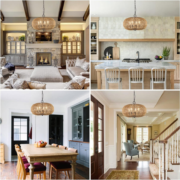 English Elm Farmhouse Rattan Pendant Lights - 4-Light Boho Chandelier, Adjustable Wicker Fixture For Any Space W2738P185429