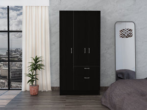 English Elm Armoire, Spacious Engineered Wood Wardrobe with Two Drawers, Hanging Rod and Hidden Storage Appeal Black 71.65 L x 22.83 W x 3.54 H B097S00164